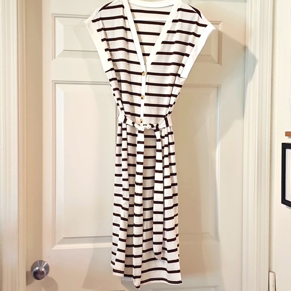 SHEIN Brown and Cream Striped Midi Dress